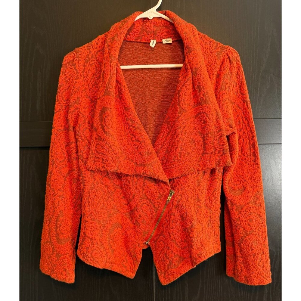 MOTH Anthropologie Jacquard Moto Zip Jacket Orange Small Stretch Long Sleeves